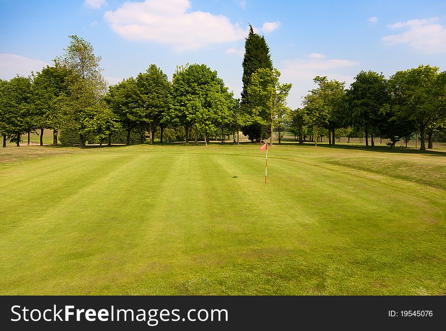 Golf course and green with waving flag