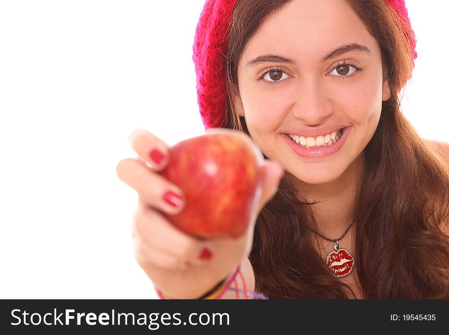 Woman giving an apple as a sign of sharing and happiness. Woman giving an apple as a sign of sharing and happiness
