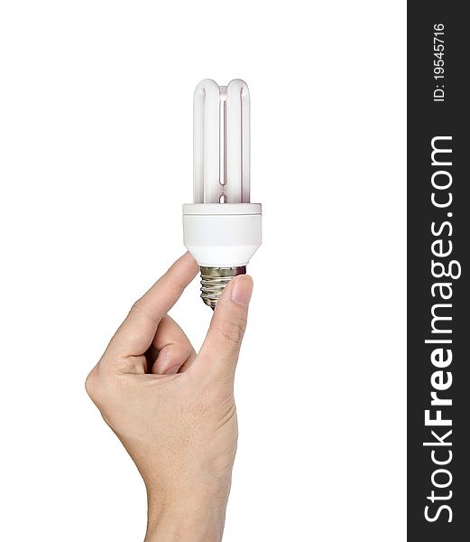 Hand holding light bulb isolated on white