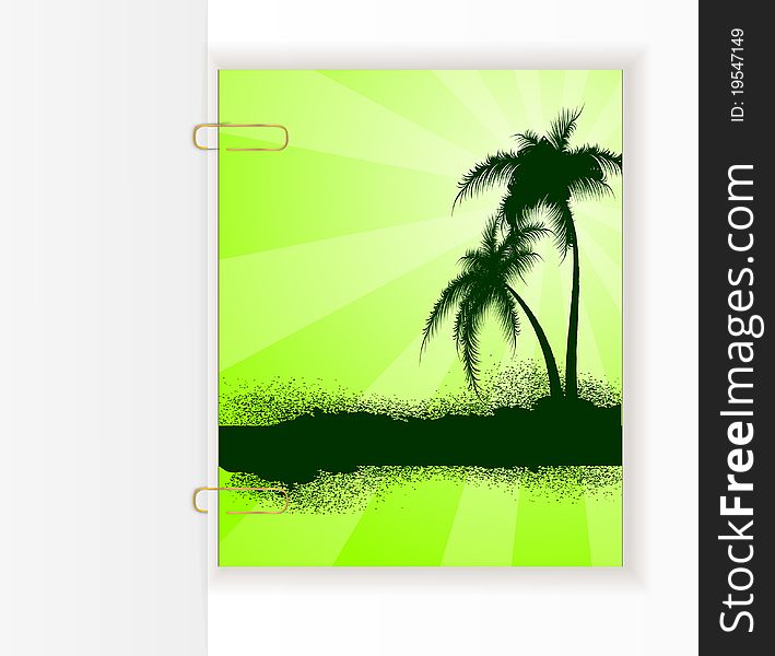 Background with the palm trees, attached to a sheet of paper paper clips. Vector illustration