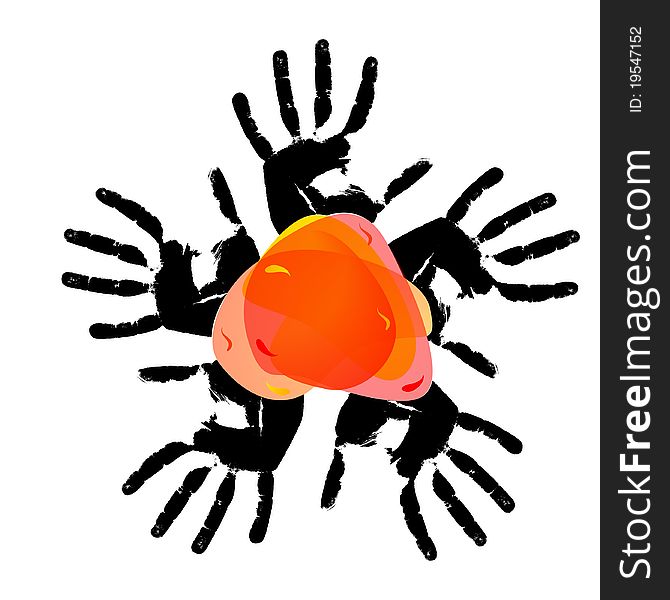 Red bubble against from five hands. Vector illustration. Red bubble against from five hands. Vector illustration