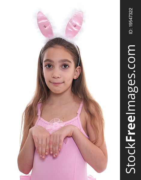 Studio portrait of smiling cute little girl wearing bunny ears isolated on white background. Studio portrait of smiling cute little girl wearing bunny ears isolated on white background