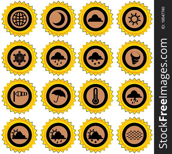 Set of 16 weather related icons. Set of 16 weather related icons