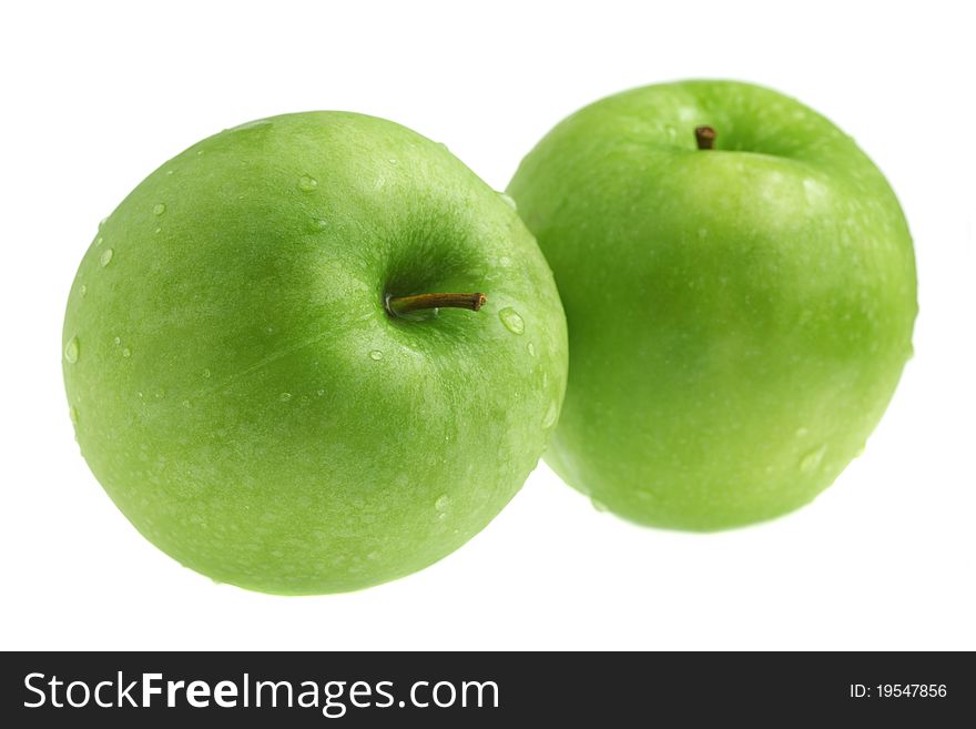 Two green apples isolated on white background.