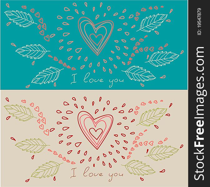 Two cute cartoon cards in other colours with heart, leafes and text. Two cute cartoon cards in other colours with heart, leafes and text