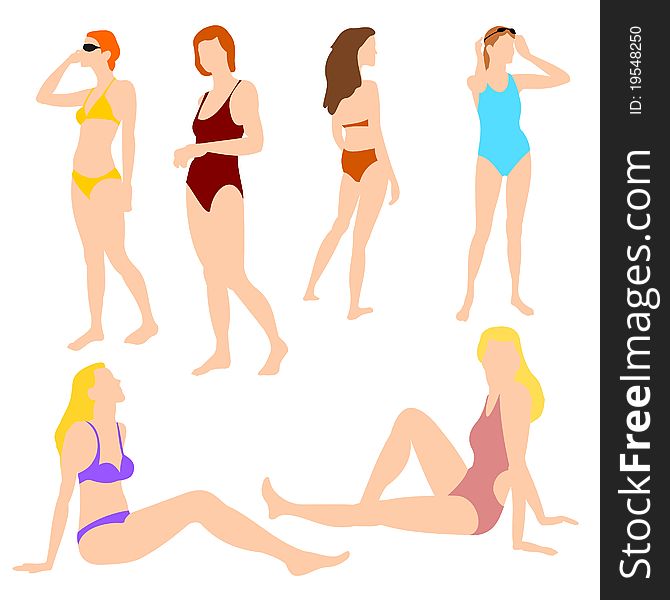 Illustrations set of women in swim suits and bikinis. Illustrations set of women in swim suits and bikinis