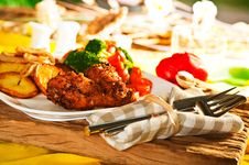 Fried Potatoes With Vegetables And Chicken Stock Photo Fried Potatoes With Vegetables And Chicken Stock Photo