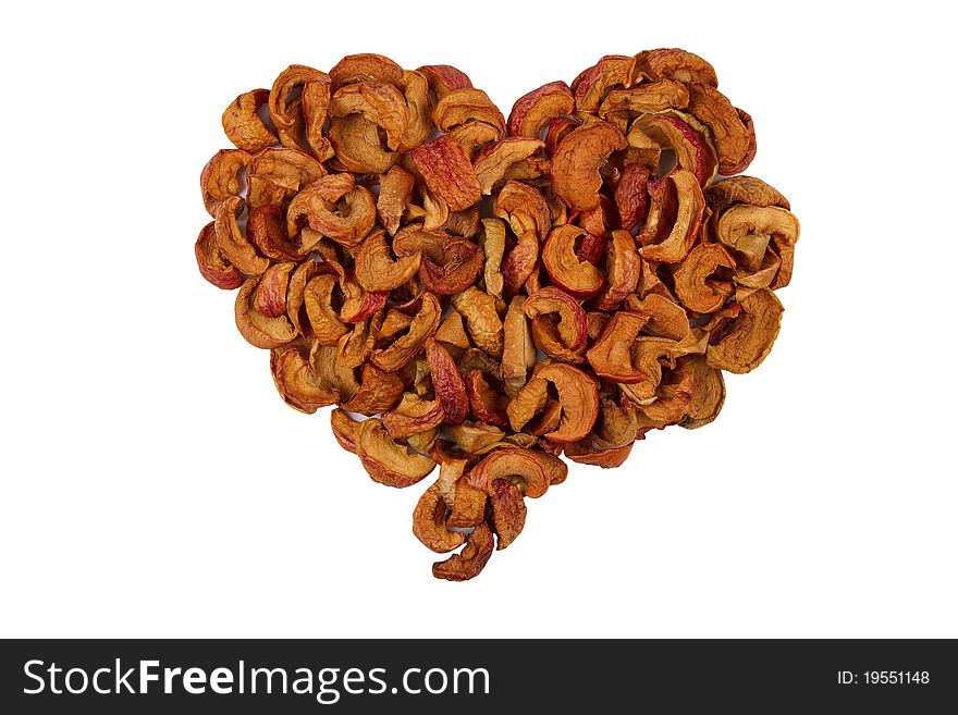 Heart of dry slices of apple, isolated on white background.group of dry slices of apple. Heart of dry slices of apple, isolated on white background.group of dry slices of apple.