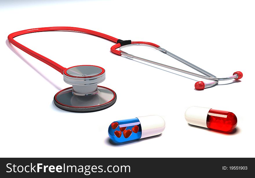 Stethoscope with red and blue pills isolated