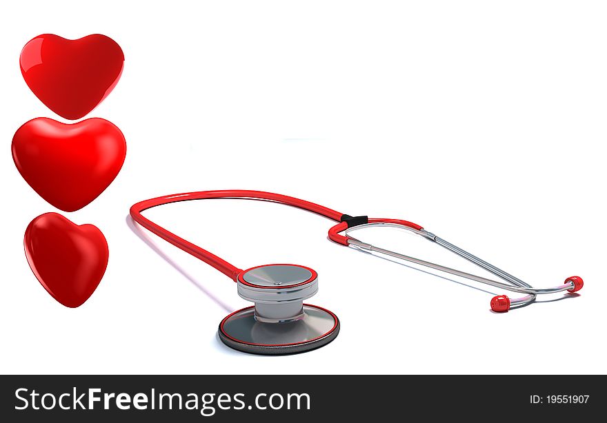 Stethoscope and a red hearts. 3d render