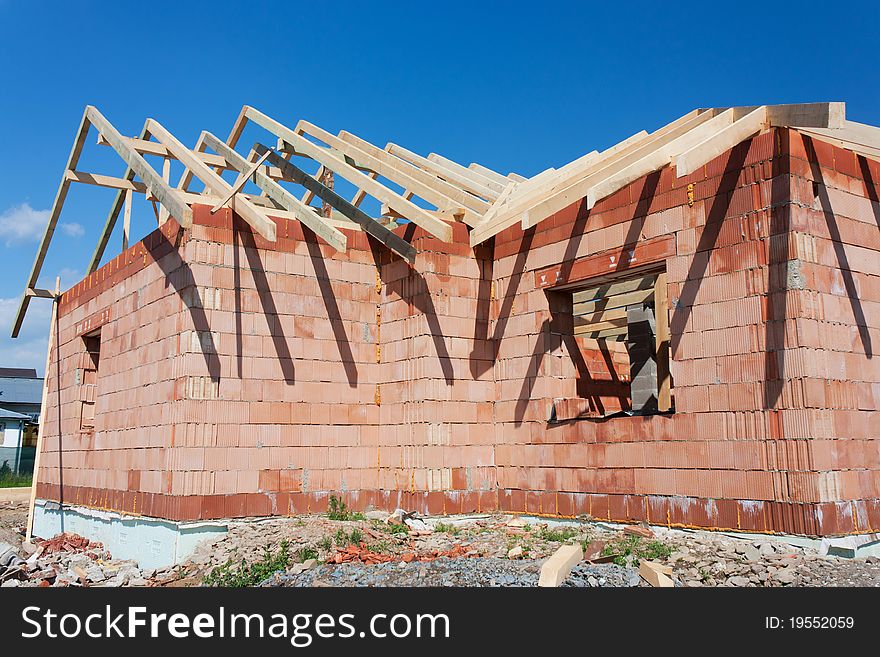 Roof and walls structure of house in construction. Roof and walls structure of house in construction