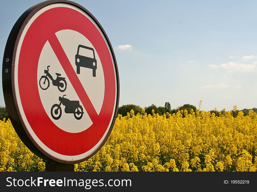 Contrast of a road sign prohibiting vehicles at the edge of a rapeseed field