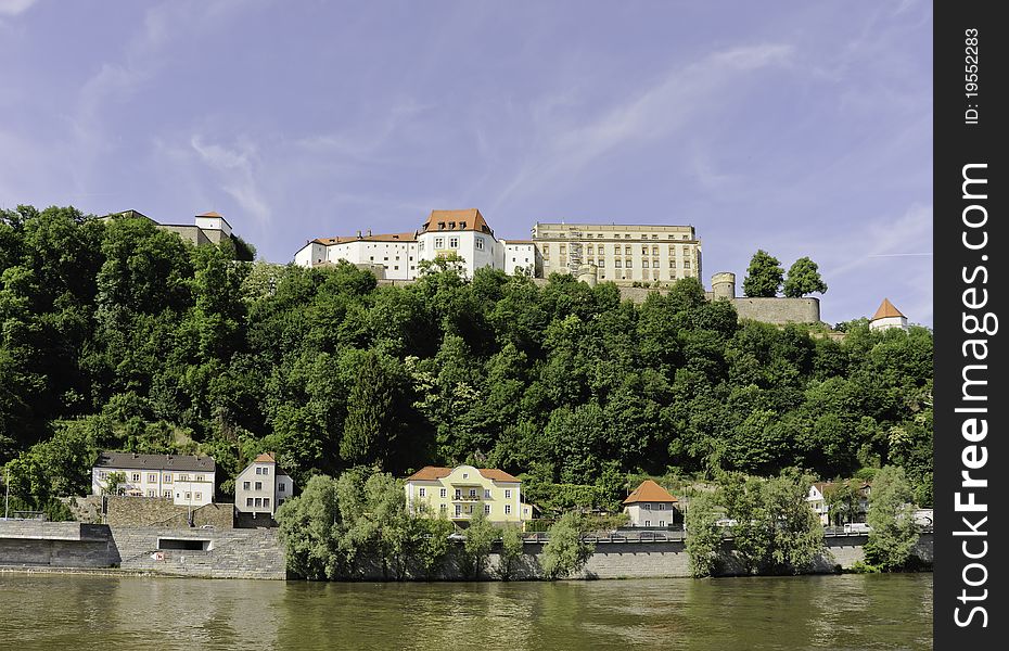 The old town of Passau in the Bavarian area of Germany is famous for its situation at the confluence of three rivers. The castle lies on a hill high above the Danube River. The old town of Passau in the Bavarian area of Germany is famous for its situation at the confluence of three rivers. The castle lies on a hill high above the Danube River.