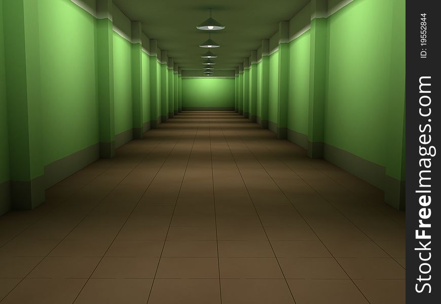 Corridor with green walls and lamps
