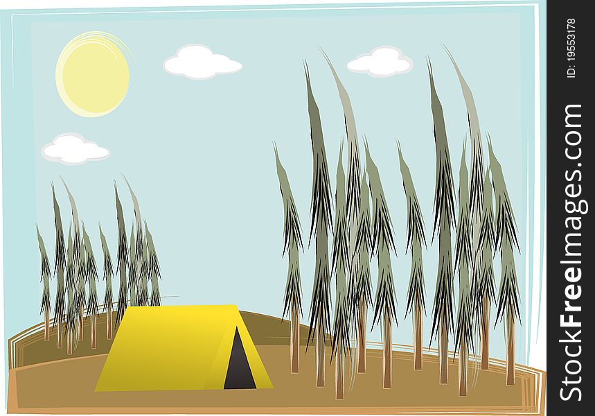 Retro illustration of lone yellow tent between pine trees daytime. Retro illustration of lone yellow tent between pine trees daytime