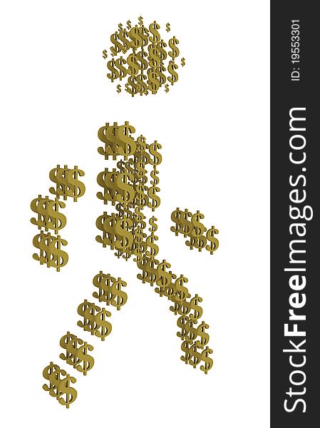 3D silhouette of golden bullion dollar view of human walking. 3D silhouette of golden bullion dollar view of human walking.