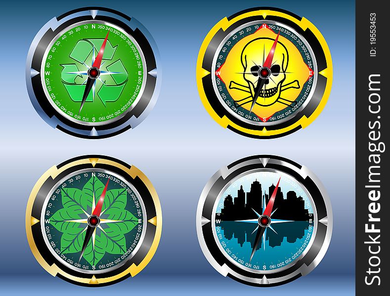 Set compass recycled signs warning sign city skyline