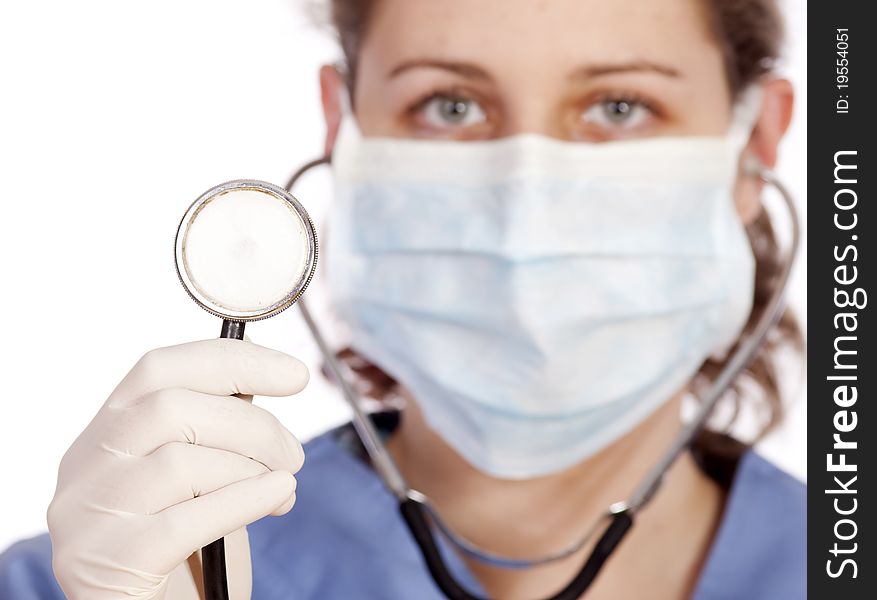 Young medical worker with mask and stethoscope