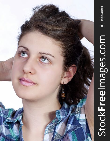 Attractive smiling woman portrait on white background