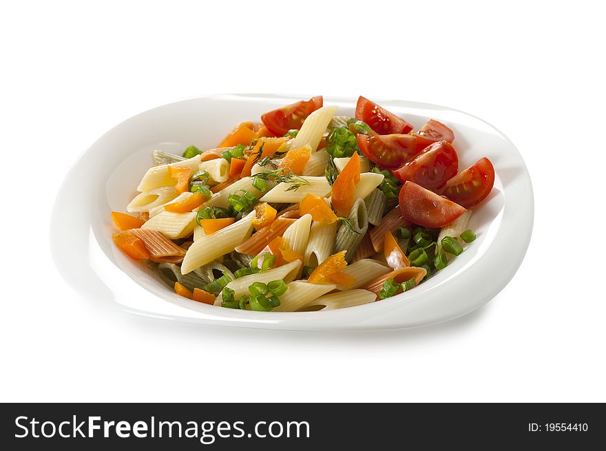 Pasta with vegetables isolated on white background. Pasta with vegetables isolated on white background