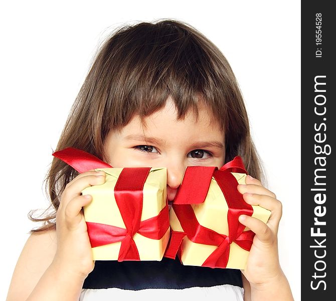 Happy Girl Holding Gifts in Hands