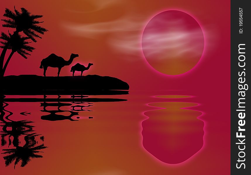 Background with camels near water, illustration. Background with camels near water, illustration