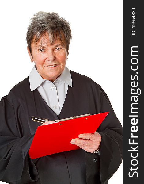 Female lawyer with clipboard isolated on white background