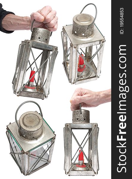 Antique lantern or storm lamp in 4 different positions  against a white background. Antique lantern or storm lamp in 4 different positions  against a white background