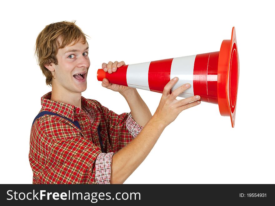 Worker with pylon on white background