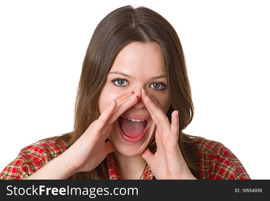 Screaming young woman isolated on white background