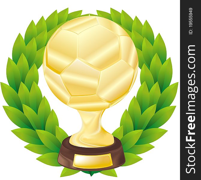 Golden soccer cup with a laureate wreath
