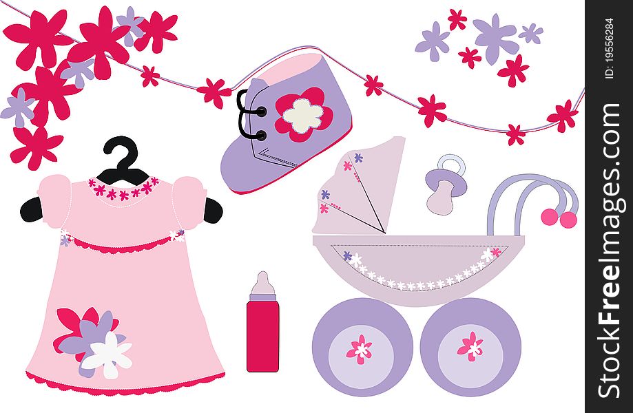 Children's accessories with dresses,shoe,cart,nipple and bottles for milk