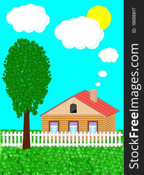 Summer landscape. The rural one-storeyed house against the blue sky. Near to the house the tree with leaves grows. Summer landscape. The rural one-storeyed house against the blue sky. Near to the house the tree with leaves grows