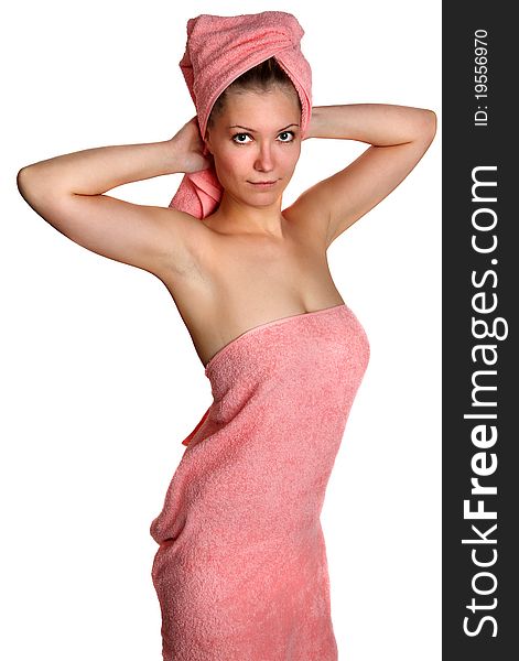 Relaxed clean woman with towel on head after shower