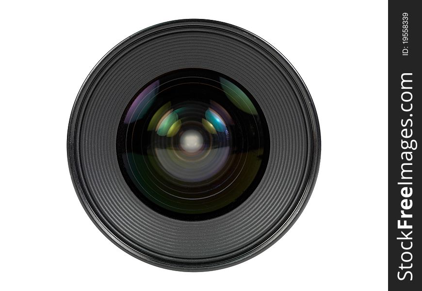 A digital camera lens isolated against a white background