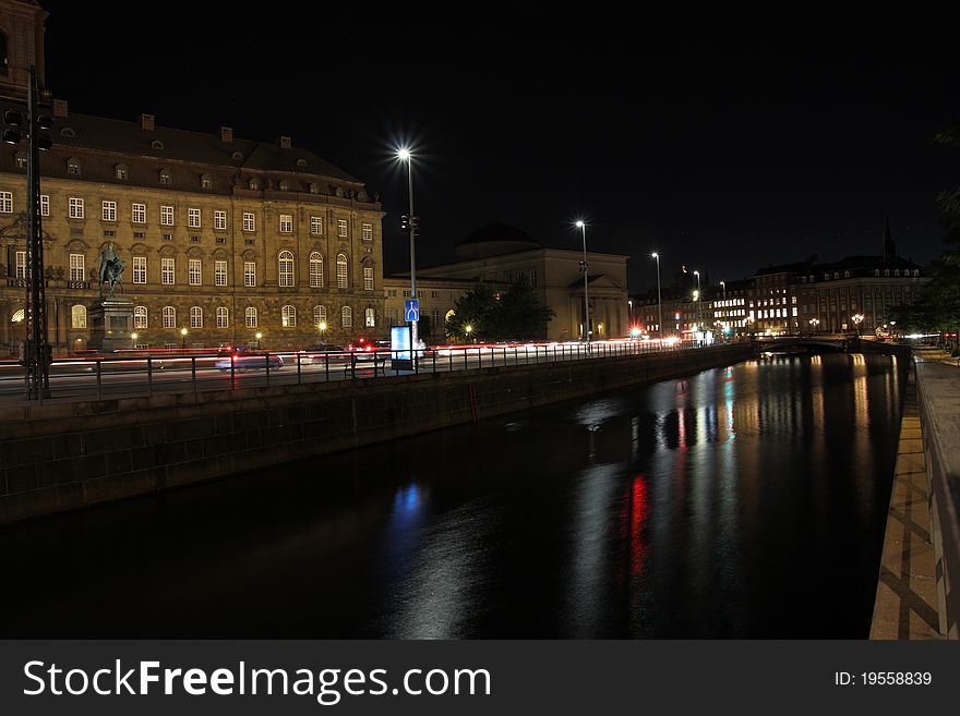 Beautiful city of Copenhagen at night, center