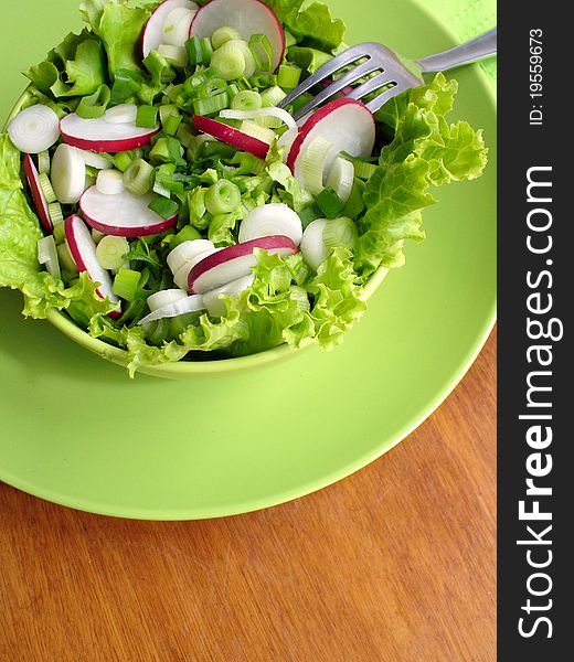 Fresh salad with radishes, lettuce and onion