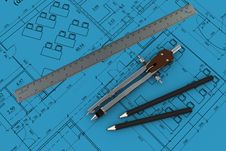 Compass, Ruler And Pencil On Architectural Drawing Stock Photos