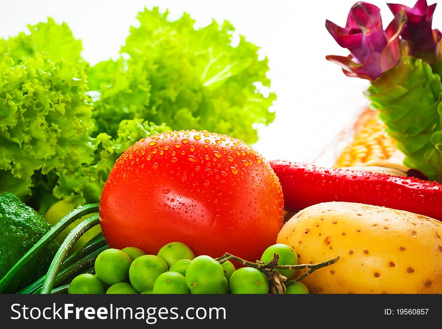 Vegetables - cabbage, tomato, cucumber, onion, lettuce and so on, on white background