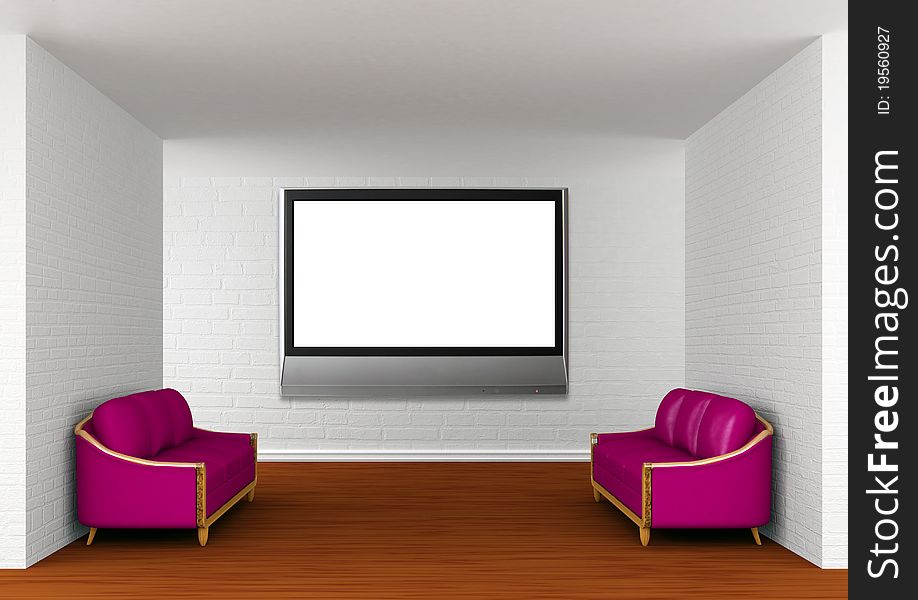 Gallery with purple couches and lcd TV