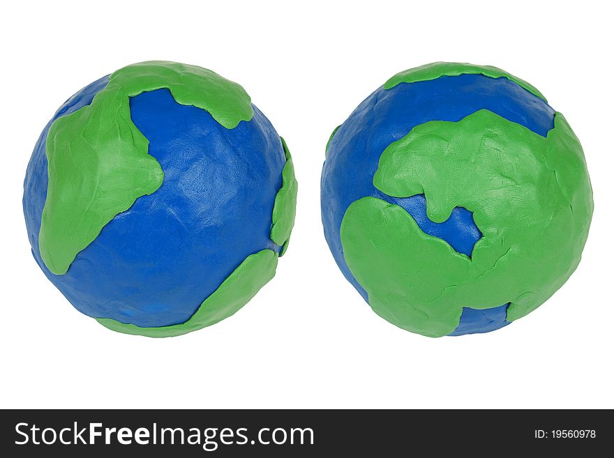 Two plasticine Hemisphere land on a white background