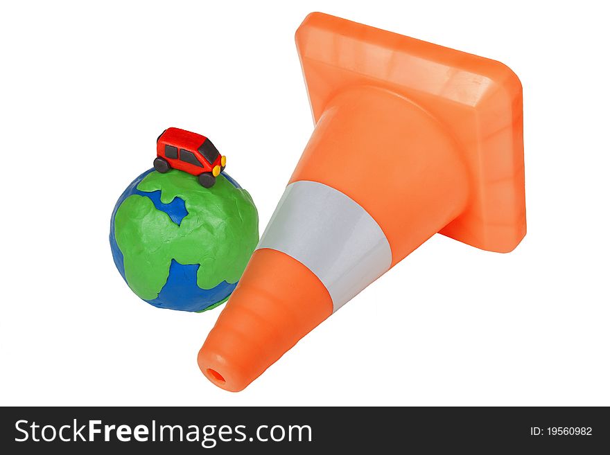 Plasticine Globe, car and emergency cone on a white background