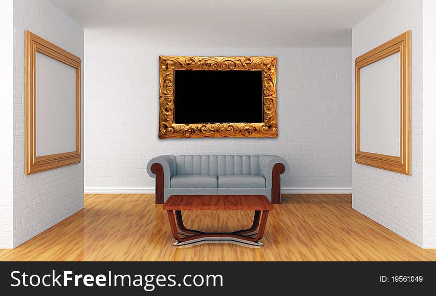 Grunge show room with picture frames