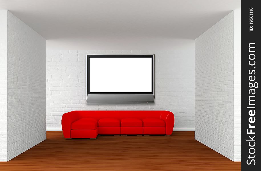 Room with red sofa with flat TV