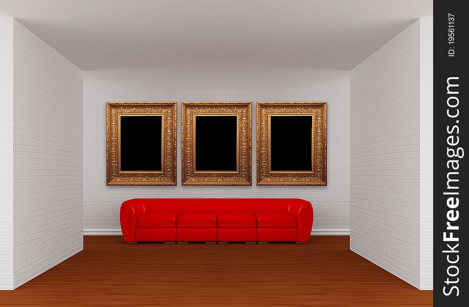 Gallery With Red Sofa And Ornate Frames