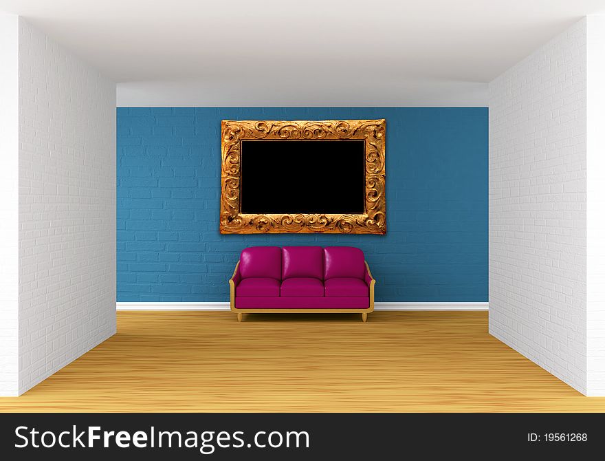 Gallery with purple couch and ornate frame