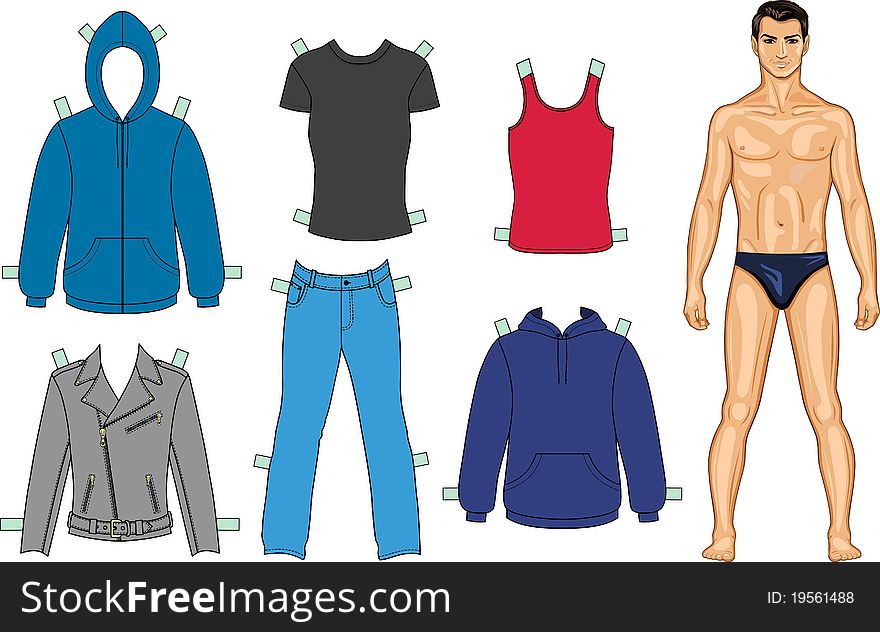 Man and clothes colored collection isolated on whi