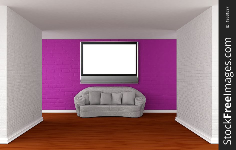 Gallery's hall with white sofa and flat Tv