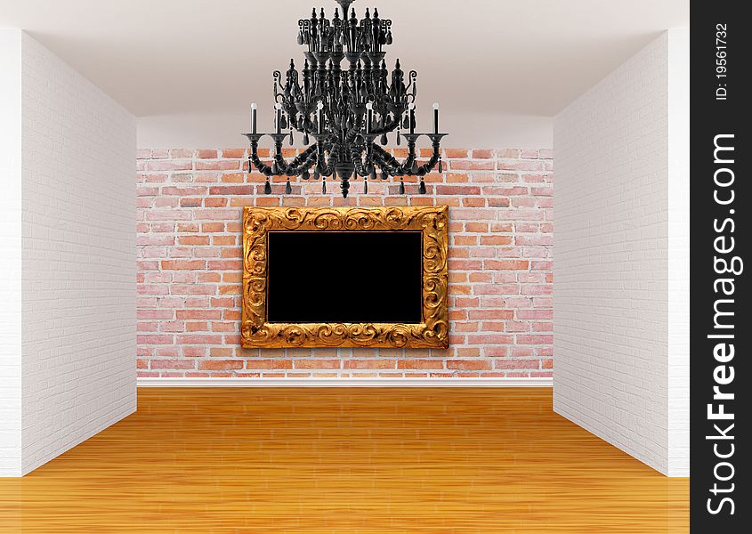 Room with black chandelier and ornate frame. Room with black chandelier and ornate frame