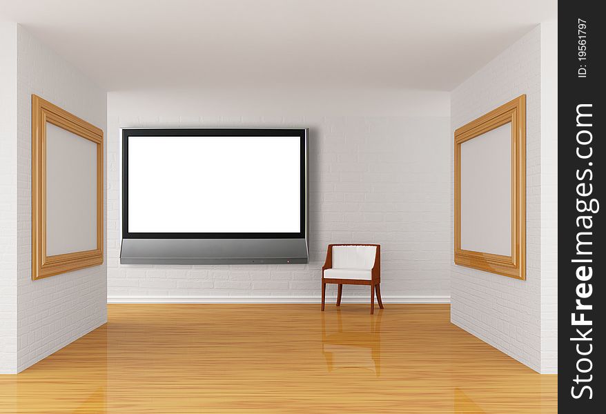 Empty gallery's hall with chair and lcd tv. Empty gallery's hall with chair and lcd tv